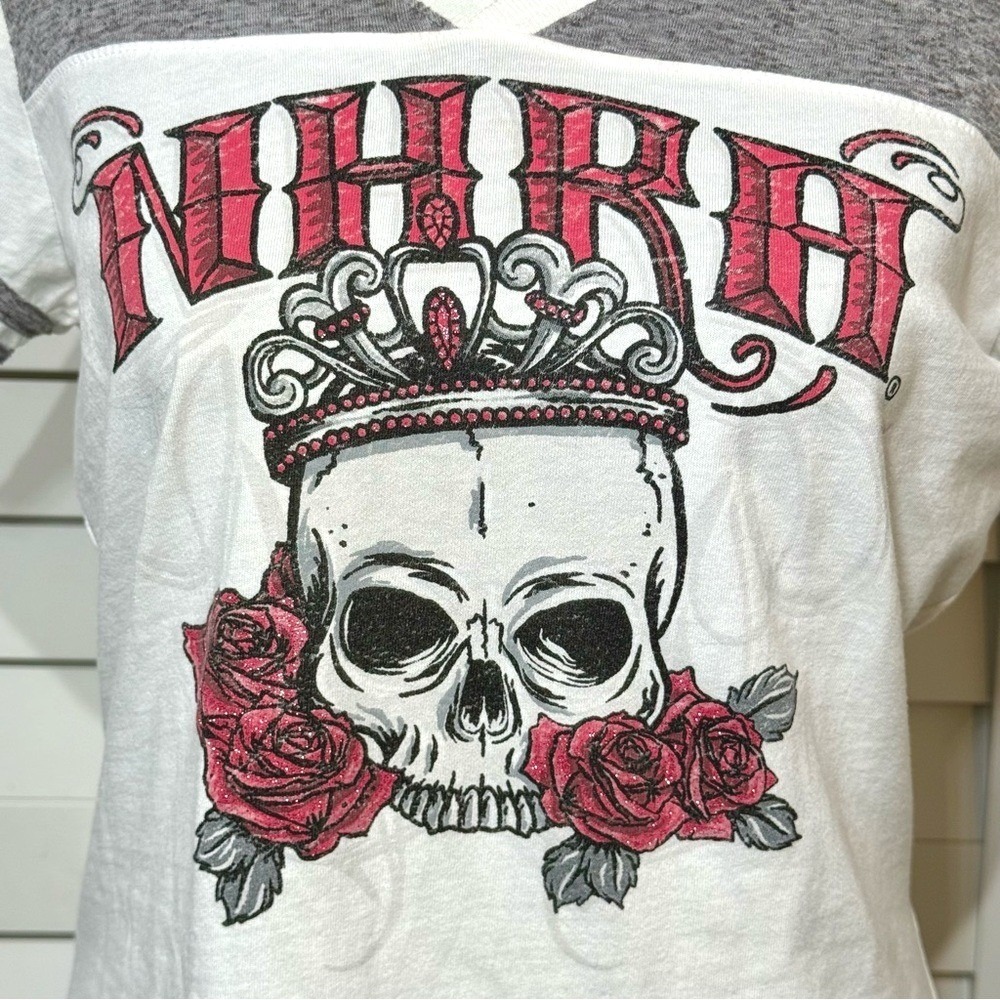NHRA Racing Womens Graphic Tee L Skull Roses Crown Gray White V Neck DistRICT - Picture 3 of 8